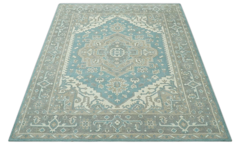 Custom Made Hand Knotted Blue, Ivory, Camel and Gray Traditional Heriz wool rug