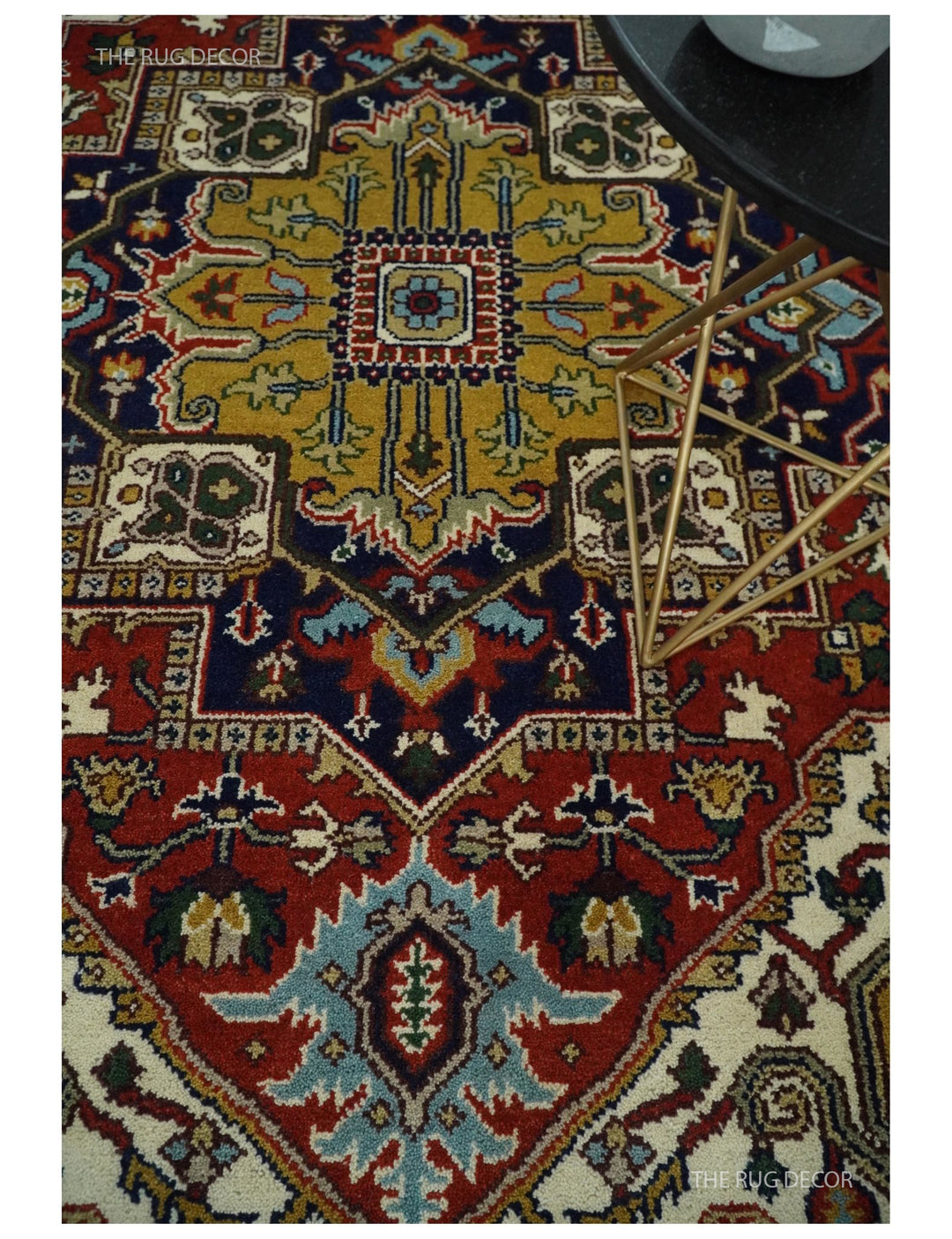 Rust and blue traditional Heriz Serapi area rug close-up of knot texture and pattern