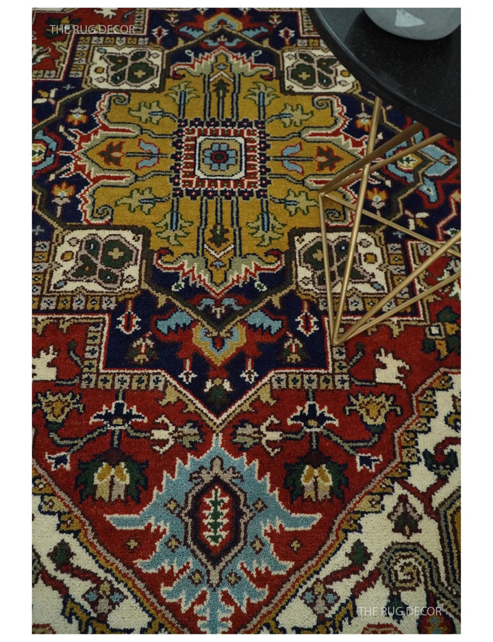 Rust and blue traditional Heriz Serapi area rug close-up of knot texture and pattern