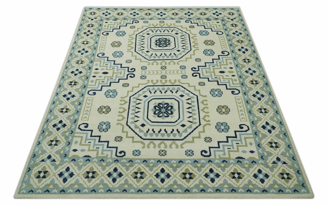 Ivory, Blue and Olive Traditional Mamluk design Custom Made wool area Rug