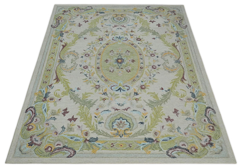Ivory and Green 8x10 French Design Aubusson Hand Tufted Wool Area Rug