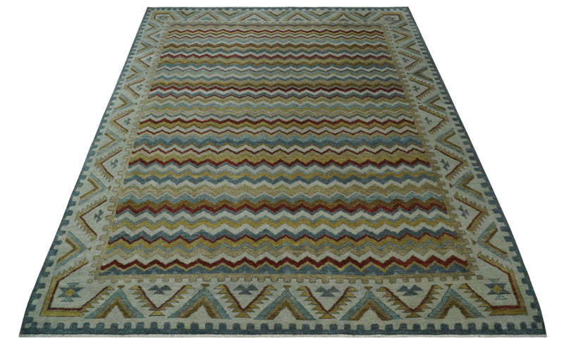 9x12 Gray, Maroon, Ivory and Mustard Stripes Pattern Hand knotted wool Area Rug