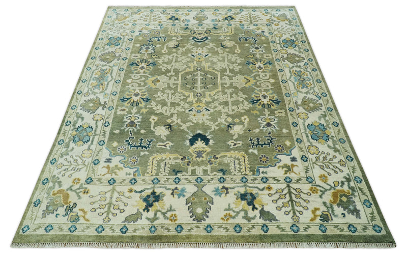 Green and Ivory Traditional Turkish Hand Knotted 8x10 Antique Style Wool Area Rug