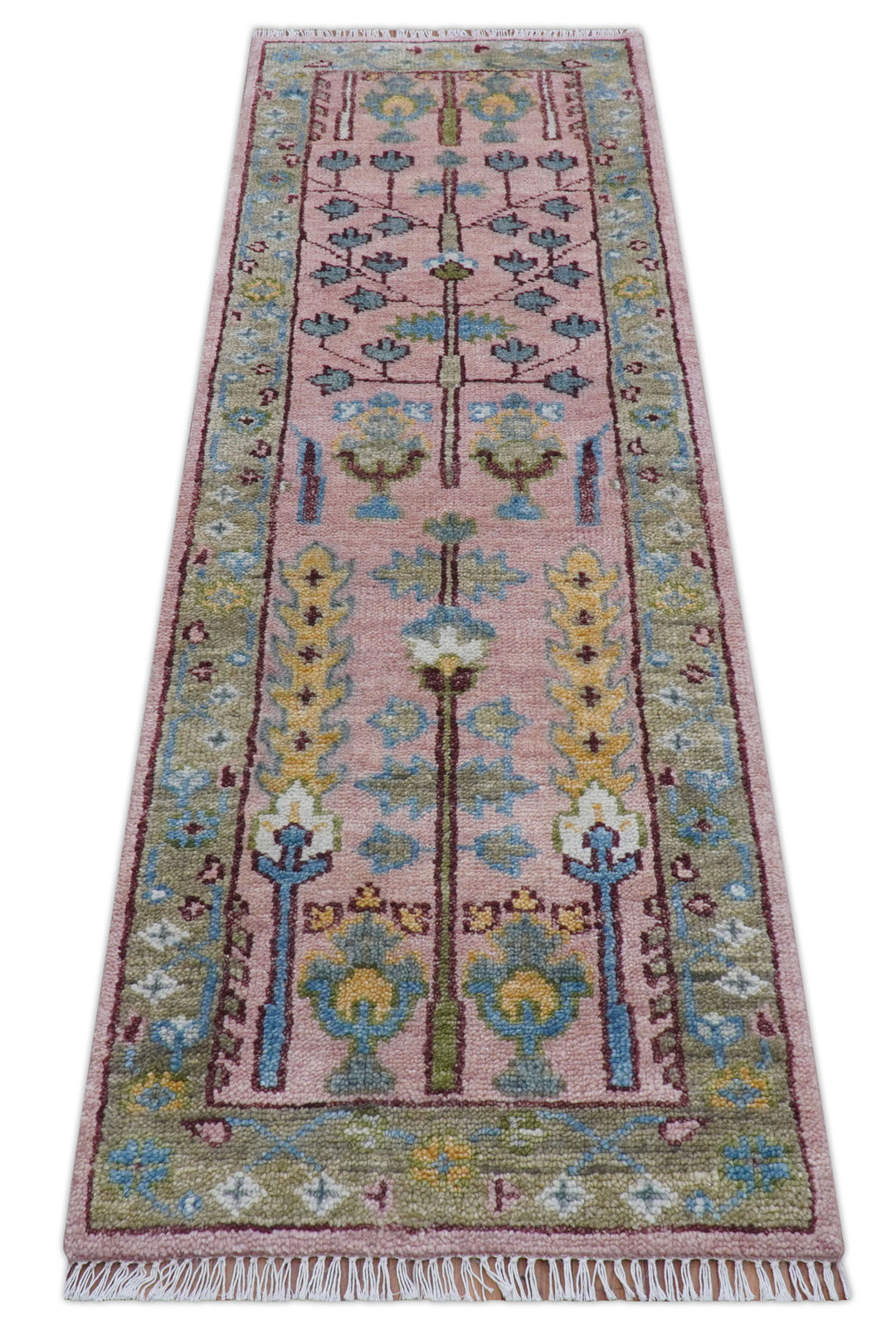 Quick Ship 2.6x8 Hand Knotted Tree of life Pink And Olive Wool Rug