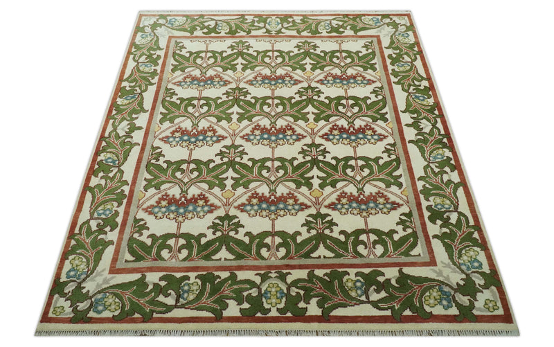 Hand Knotted Ivory and Green Floral Traditional Antique Style Wool Area Rug