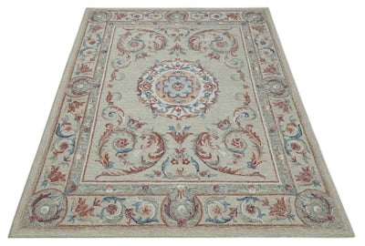 French Inspired Aubusson design Custom Made Beige, Brown and Blue Hand Tufted wool Area Rug