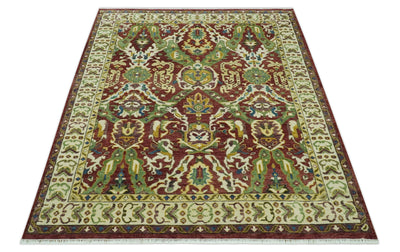 Maroon and Green Hand Knotted Traditional Large Design 8x10 wool area rug