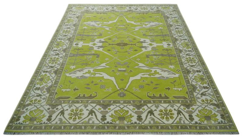 Bright Green and Ivory Hand knotted Oriental Oushak 9x12 wool Area Rug