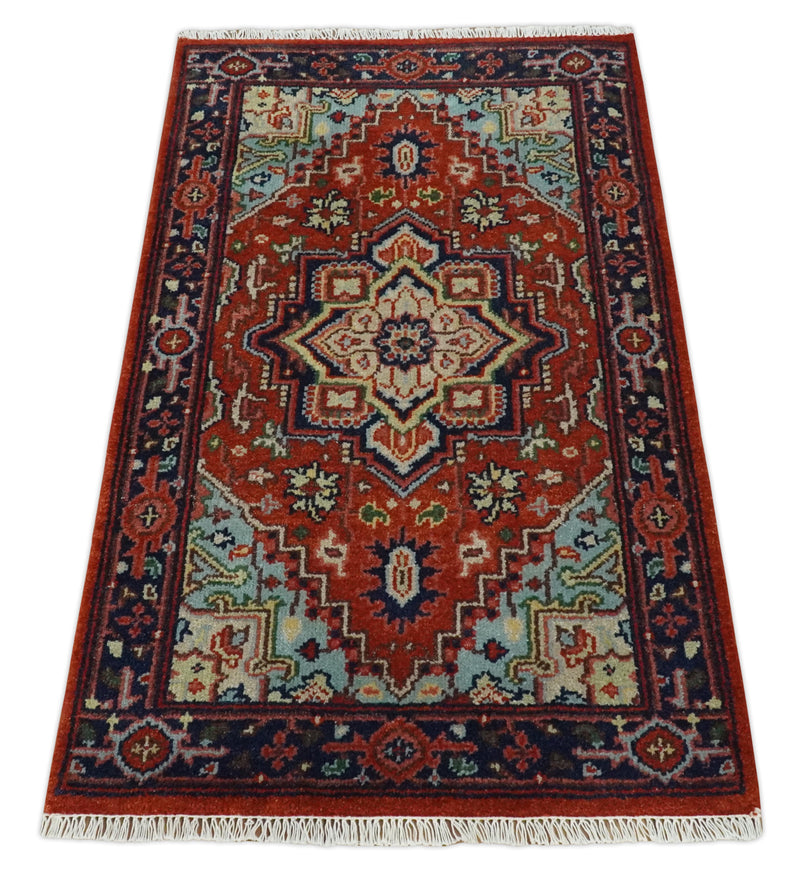 Hand knotted Brown, Aqua and Blue Traditional Heriz Serapi wool area rug