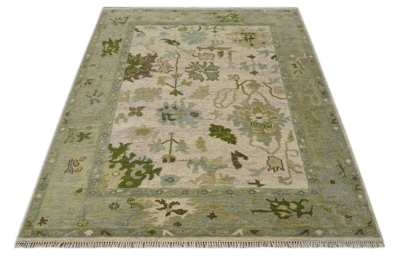 Vintage Style Beige and Olive 8x10 Hand Knotted Traditional Oushak wool area rug