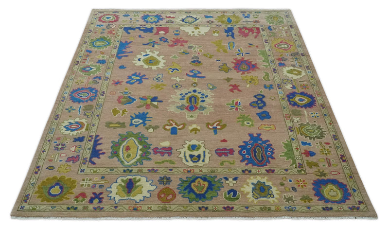 Peach, Blue and Olive Hand knotted Traditional Custom Made Oushak wool Area Rug