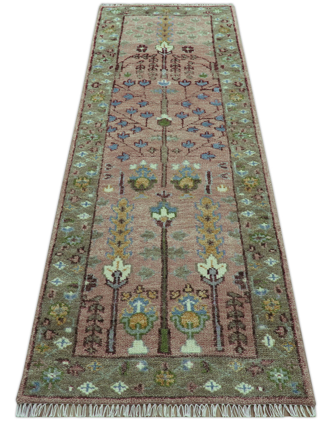 In stock 3x9 Tree of life Pink And Olive Hand Knotted Wool Rug