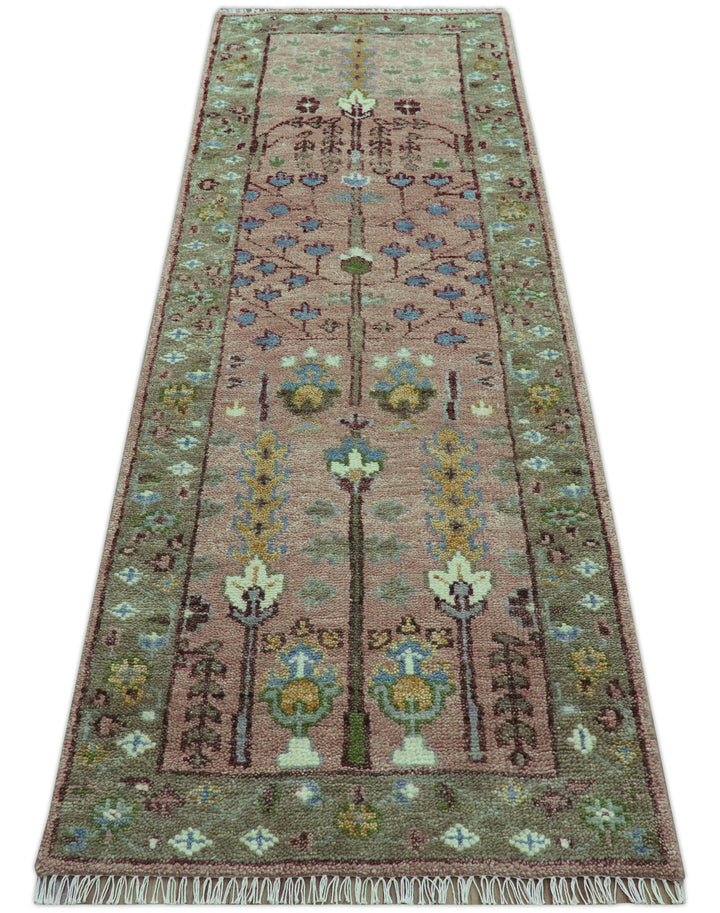 In stock 3x9 Tree of life Pink And Olive Hand Knotted Wool Rug