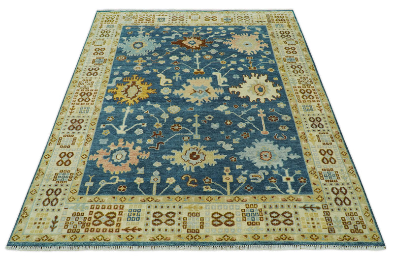 Hand knotted Blue and Beige 8x10 Traditional Oushak wool area rug