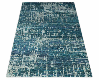 Modern Abstract Hand Knotted Teal and Ivory Contemporary Recycled Silk Area Rug