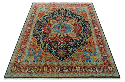 Fine Hand Knotted Brown, Blue and Rust Traditional Medallion 8x10 wool area rug