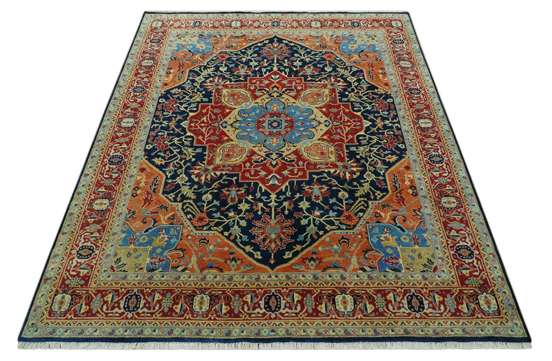 Fine Hand Knotted Brown, Blue and Rust Traditional Medallion 8x10 wool area rug