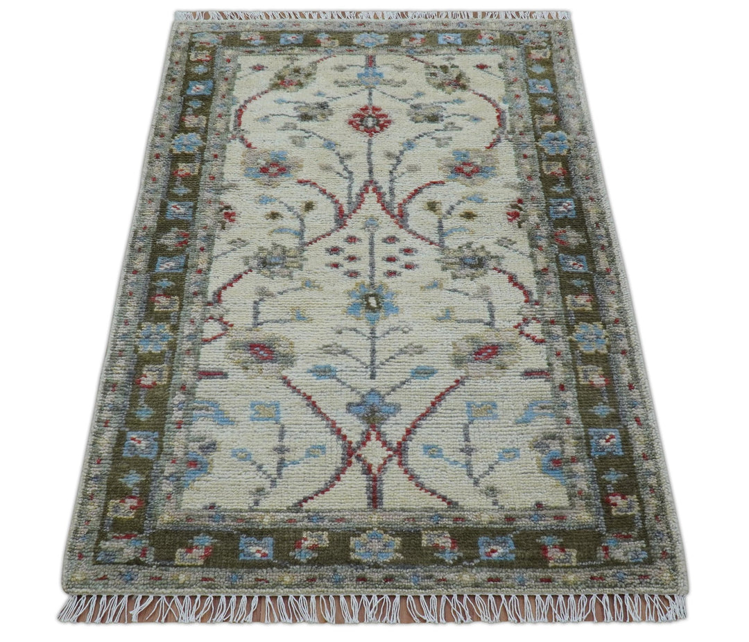3x5 Hand knotted Beige And Blue Traditional Design Wool Area Rug - The Rug Decor