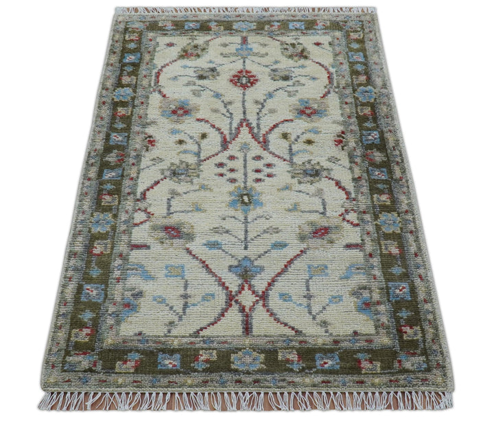 3x5 Hand knotted Beige And Blue Traditional Design Wool Area Rug - The Rug Decor