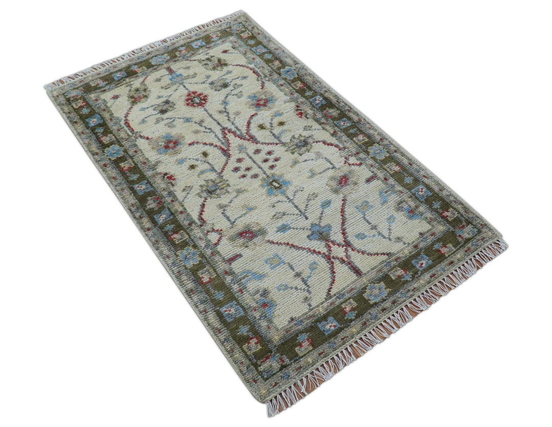 3x5 Hand knotted Beige And Blue Traditional Design Wool Area Rug - The Rug Decor
