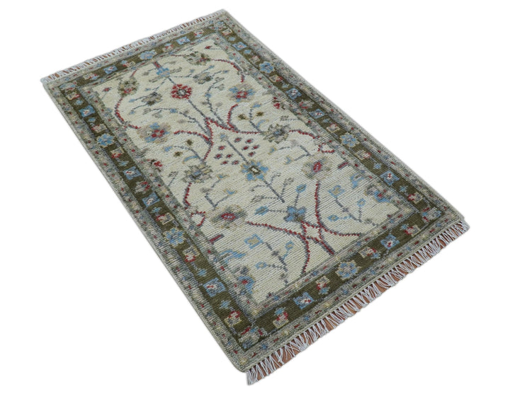 3x5 Hand knotted Beige And Blue Traditional Design Wool Area Rug - The Rug Decor