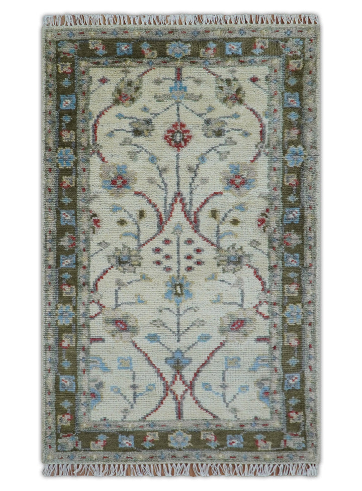3x5 Hand knotted Beige And Blue Traditional Design Wool Area Rug - The Rug Decor