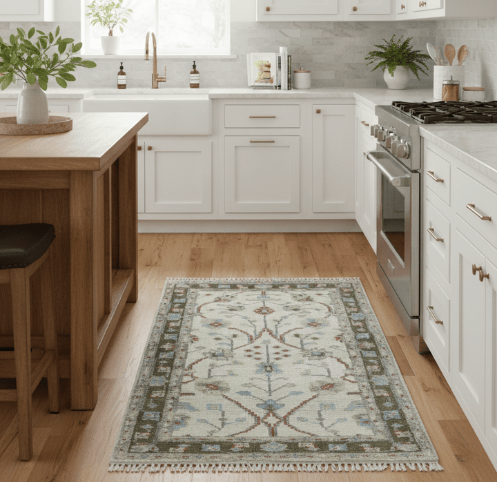 3x5 Hand knotted Beige And Blue Traditional Design Wool Area Rug - The Rug Decor