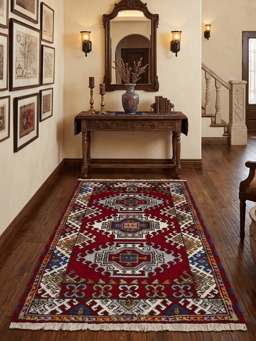 3x5 Hand Knotted Traditional Kazak Red and Ivory Wool Area Rug - The Rug Decor