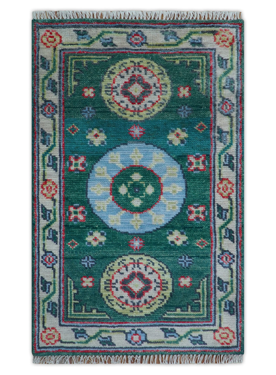 3x5 Hand knotted Traditional Khotan Design Teal Wool Area Rug - The Rug Decor