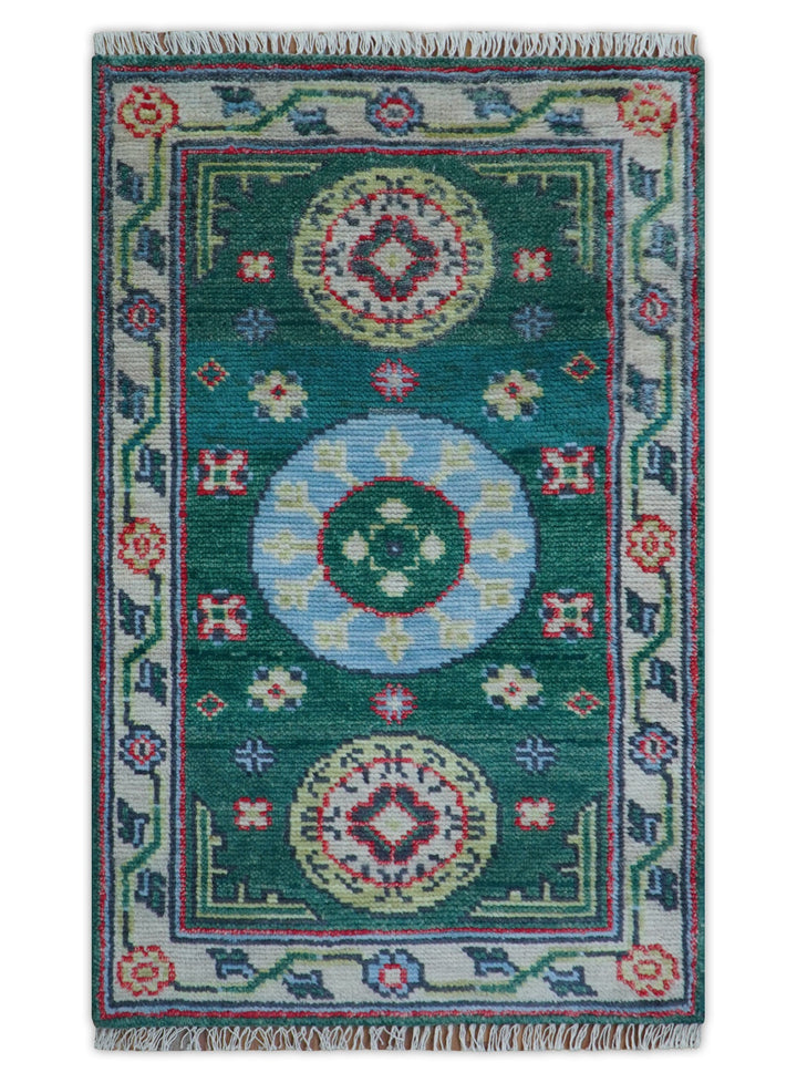 3x5 Hand knotted Traditional Khotan Design Teal Wool Area Rug - The Rug Decor