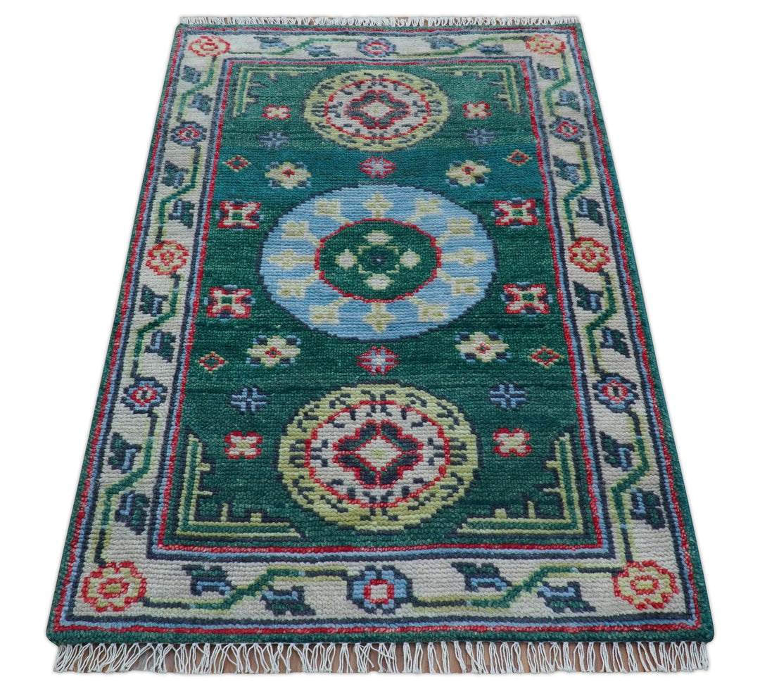 3x5 Hand knotted Traditional Khotan Design Teal Wool Area Rug - The Rug Decor