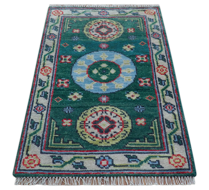 3x5 Hand knotted Traditional Khotan Design Teal Wool Area Rug - The Rug Decor