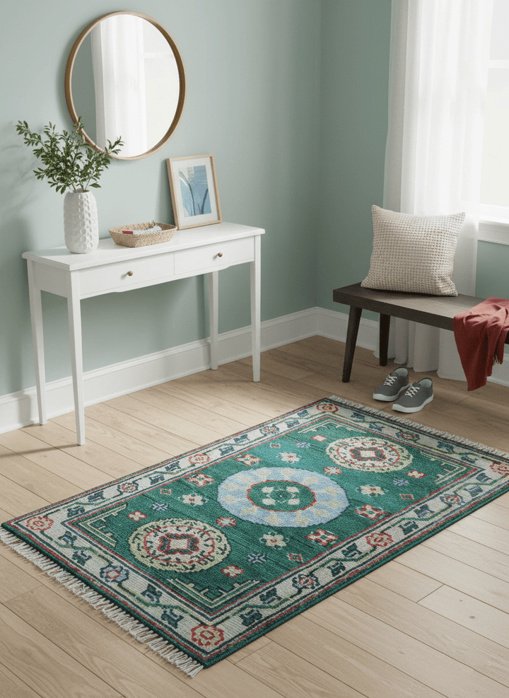 3x5 Hand knotted Traditional Khotan Design Teal Wool Area Rug - The Rug Decor