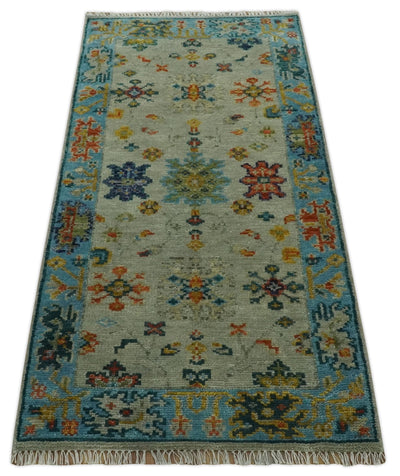 3x6 Vibrant colorful Hand Knotted Gray, Beige and Blue Traditional Oushak Wool Rug - The Rug Decor