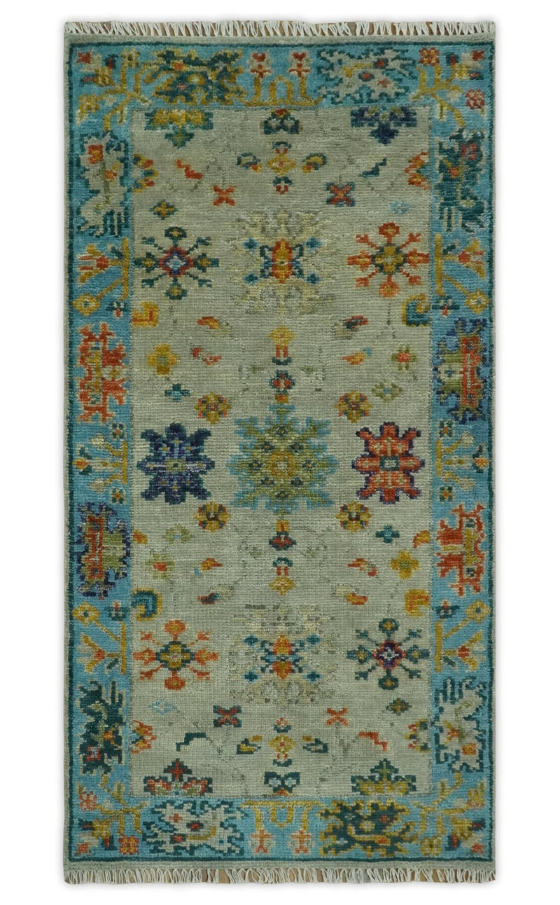 3x6 Vibrant colorful Hand Knotted Gray, Beige and Blue Traditional Oushak Wool Rug - The Rug Decor