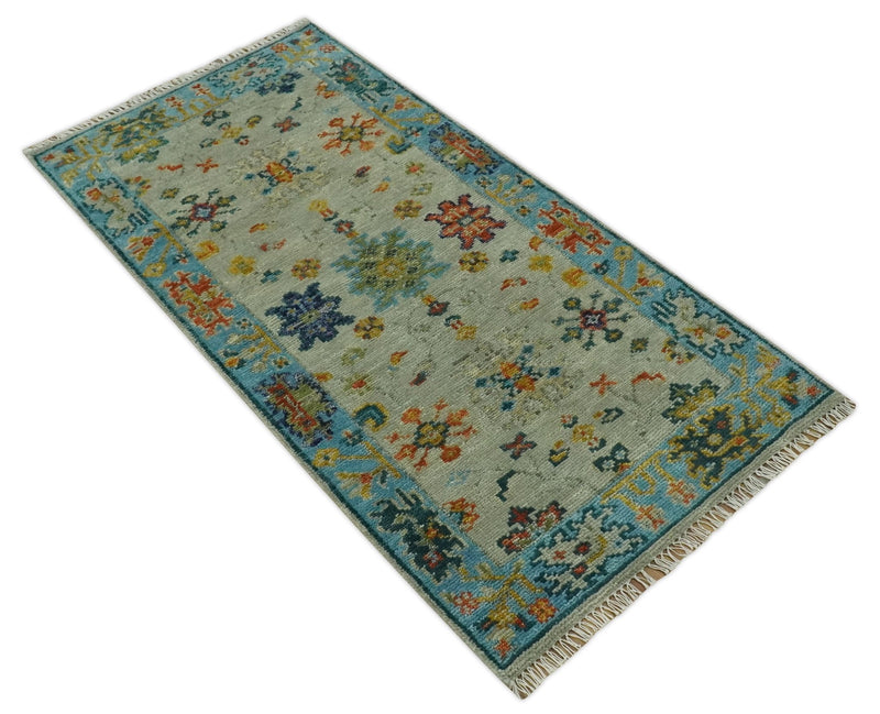 3x6 Vibrant colorful Hand Knotted Gray, Beige and Blue Traditional Oushak Wool Rug - The Rug Decor