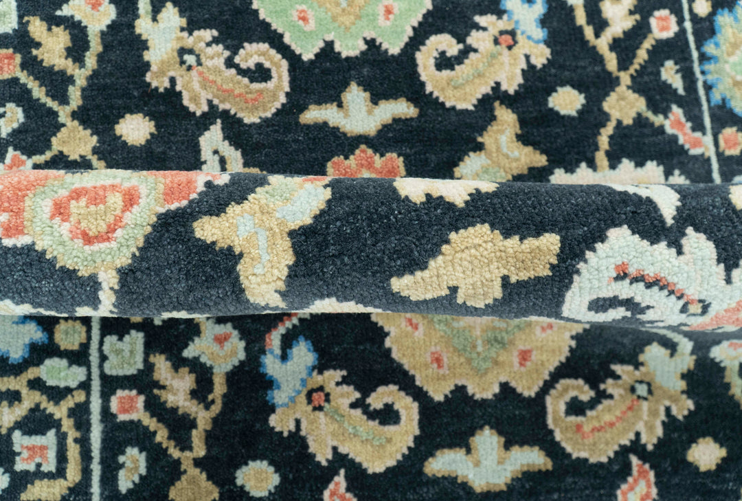 Long Runner 4x15 Hand Knotted Black Colorful Oushak Wool Rug