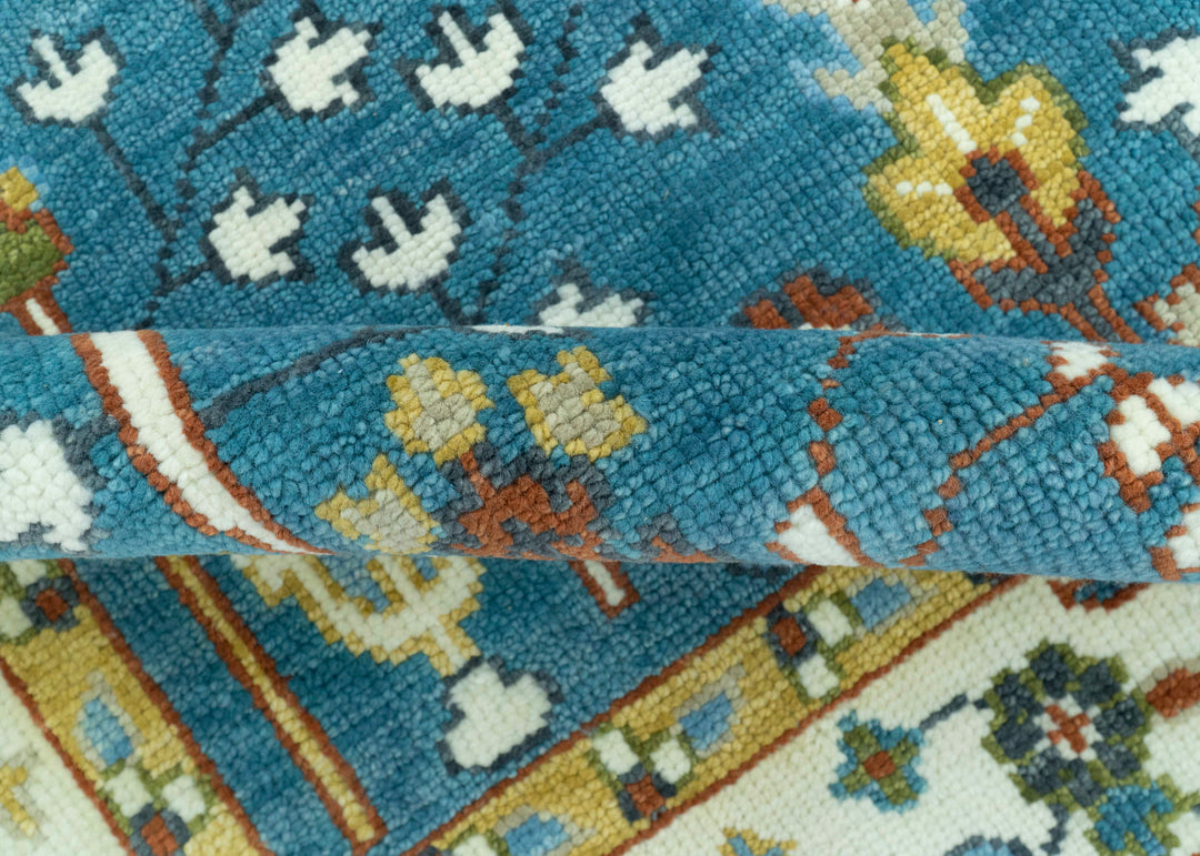 Ready to Ship Tree of Life Traditional Hand Knotted 8x10 Teal Blue and Ivory Wool Area Rug
