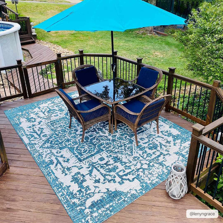 Wamberal Teal And Ivory Traditional Style Indoor Outdoor Area Rug