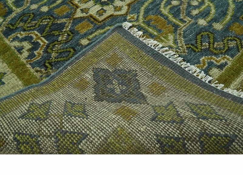 Blue and Olive Traditional motifs design Custom Made wool area rug