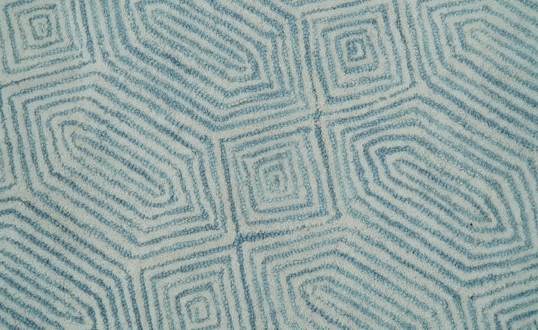 Ready to Ship Teal And Ivory Modern Contemporary Hand Tufted 2.6x8 Wool Rug