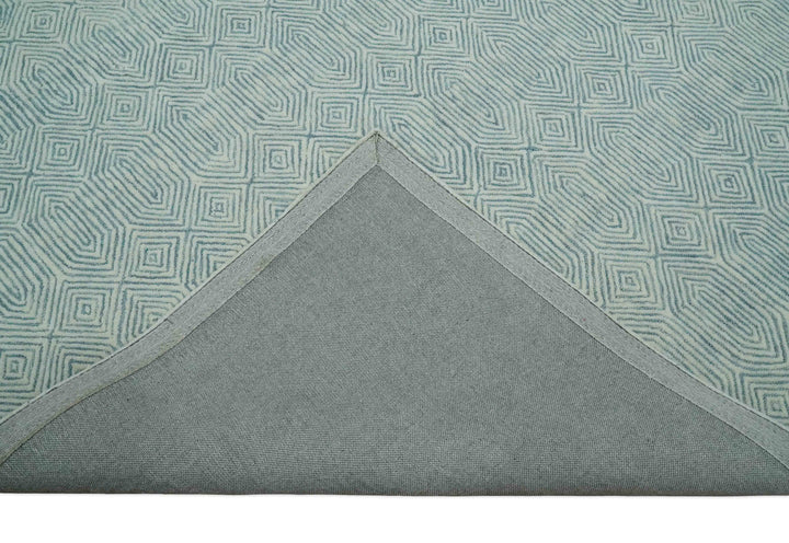 Ready to Ship Teal And Ivory Modern Contemporary Hand Tufted 8x10 Wool Rug