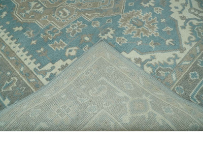 Custom Made Hand Knotted Blue, Ivory, Camel and Gray Traditional Heriz wool rug