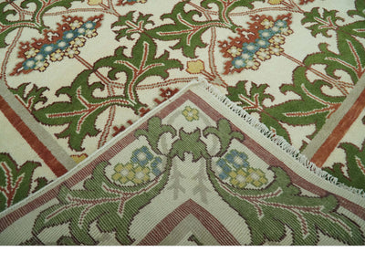 Hand Knotted Ivory and Green Floral Traditional Antique Style Wool Area Rug