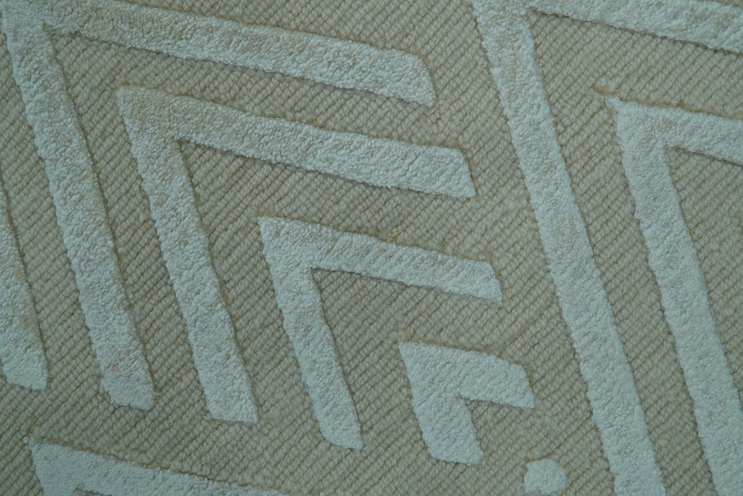 Modern Geometric Pattern Ivory And Beige Hand Knotted 9x12 Area Rug