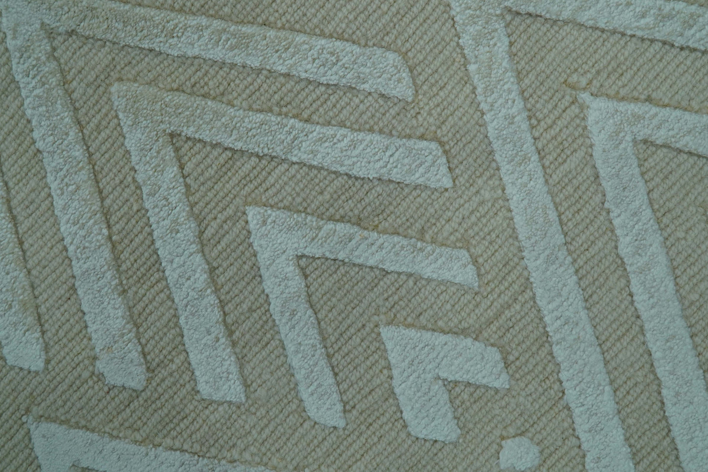 Modern Geometric Pattern Ivory And Beige Hand Knotted 9x12 Area Rug