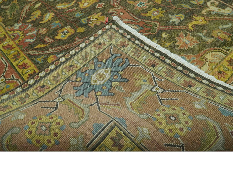 Antique Style Fine Hand Knotted 8.4x11.8 Olive, Rust an Mustard Traditional wool area rug