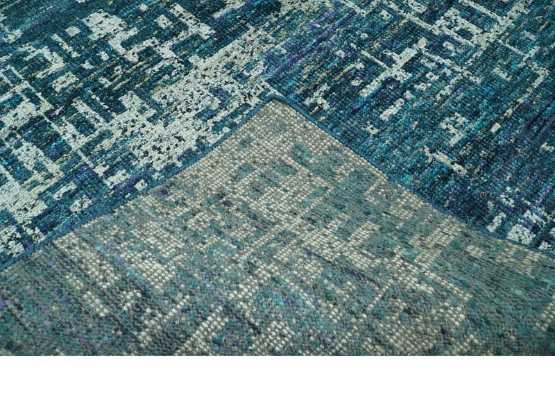 Modern Abstract Hand Knotted Teal and Ivory Contemporary Recycled Silk Area Rug