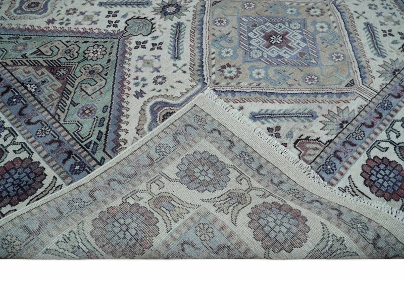 9x12 Hand Knotted Antique Ivory, Silver and Blue Traditional Wool Rug