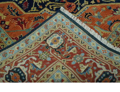 Fine Hand Knotted Brown, Blue and Rust Traditional Medallion 8x10 wool area rug